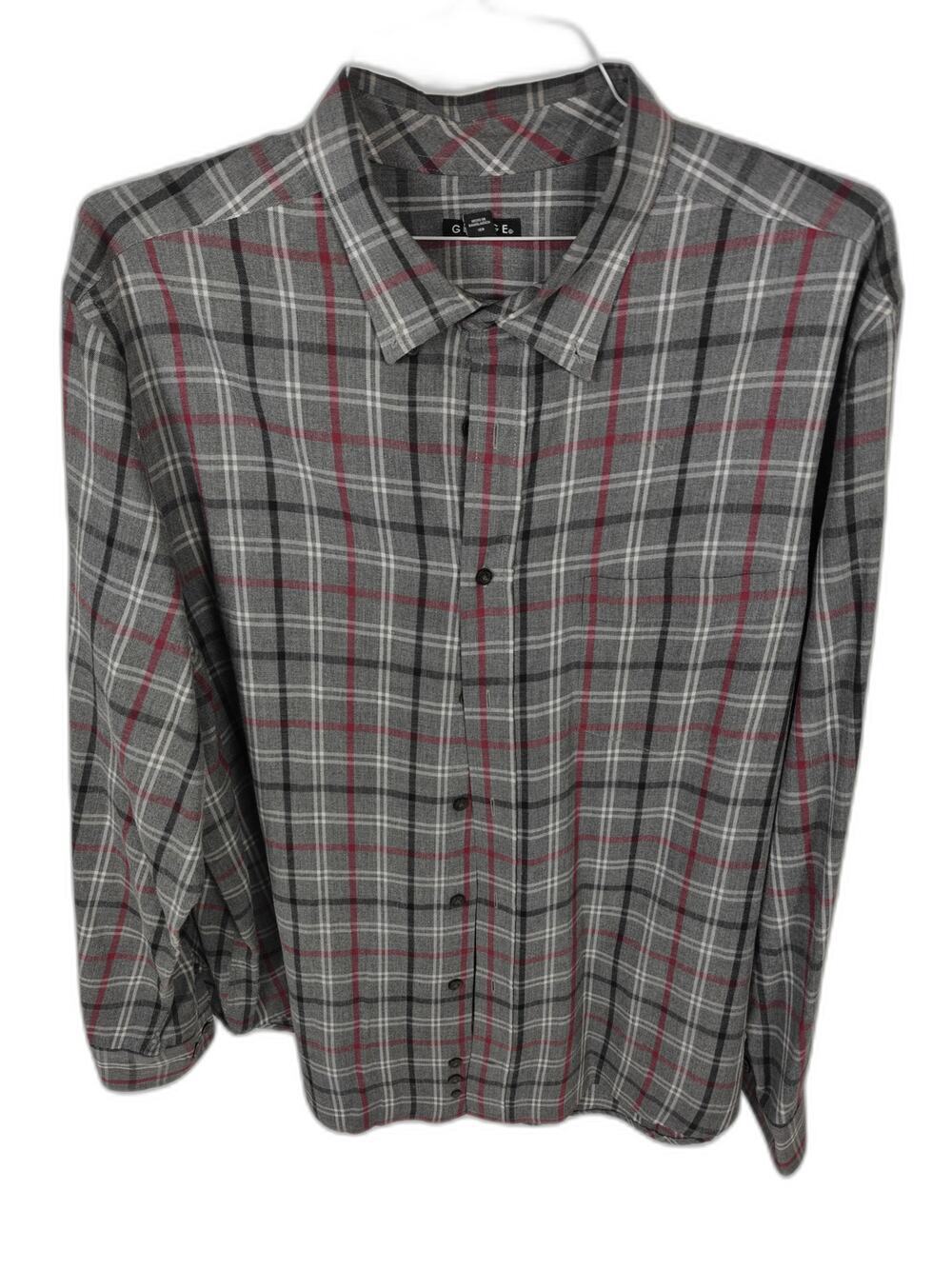 George Men's Gray Red Plaid Button Front Shirt Size 2XL 50-52 Long Sleeve Casual
